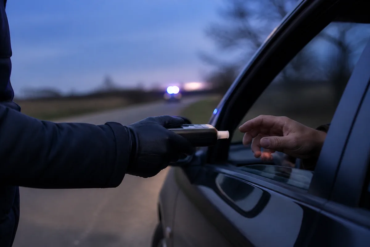 Mains d’un gendarme tendant un éthylotest à la vitre d’une voiture, bord de route au crépuscule