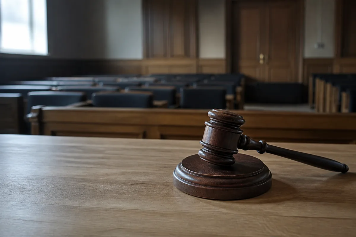 Marteau de juge posé sur un bureau en bois clair dans une salle d’audience vide