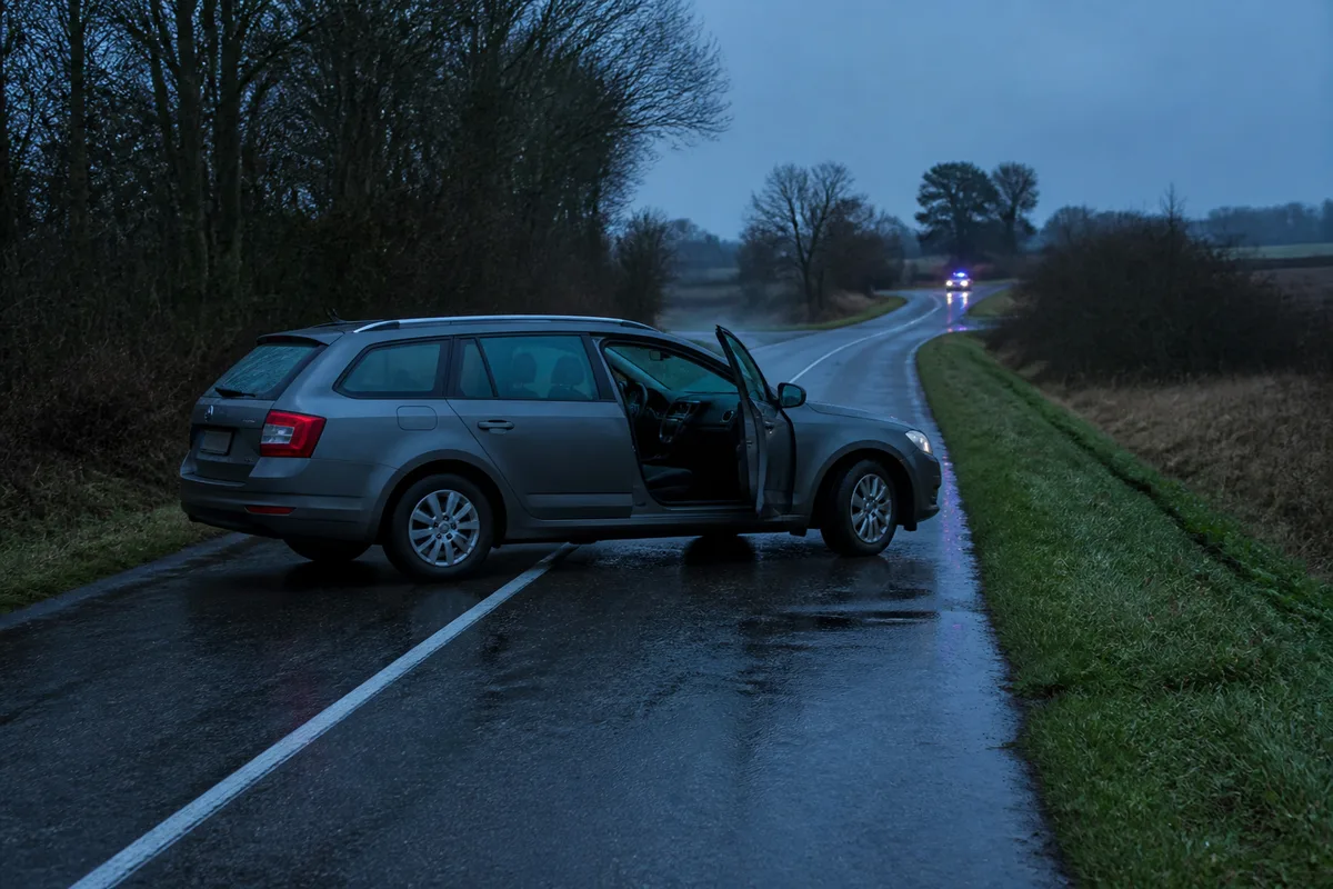 Voiture accidentée à l’arrêt sur une route de campagne, gyrophare bleu diffus en arrière-plan