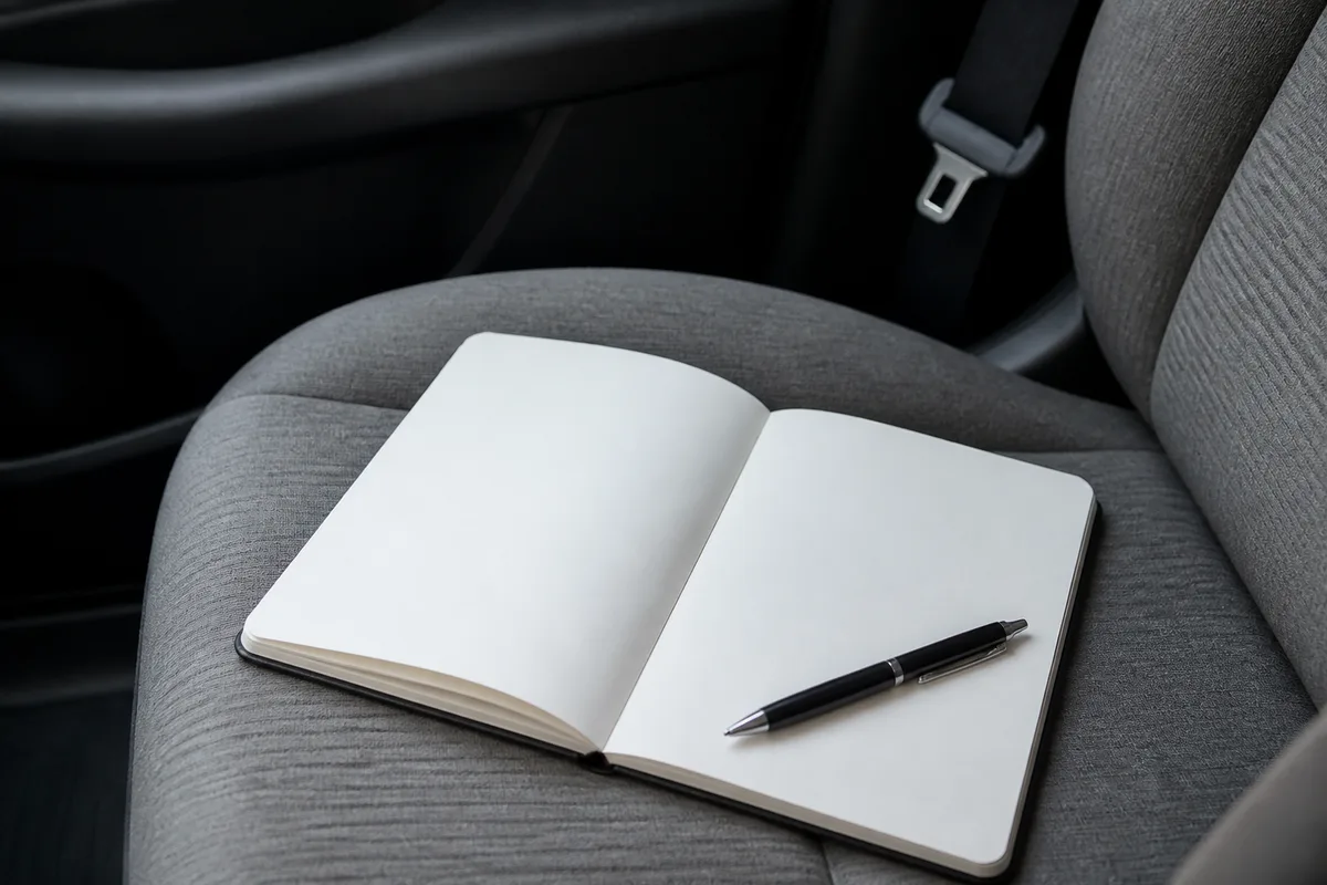 Carnet ouvert et stylo posés sur le siège passager d’une voiture, ceinture visible en arrière-plan