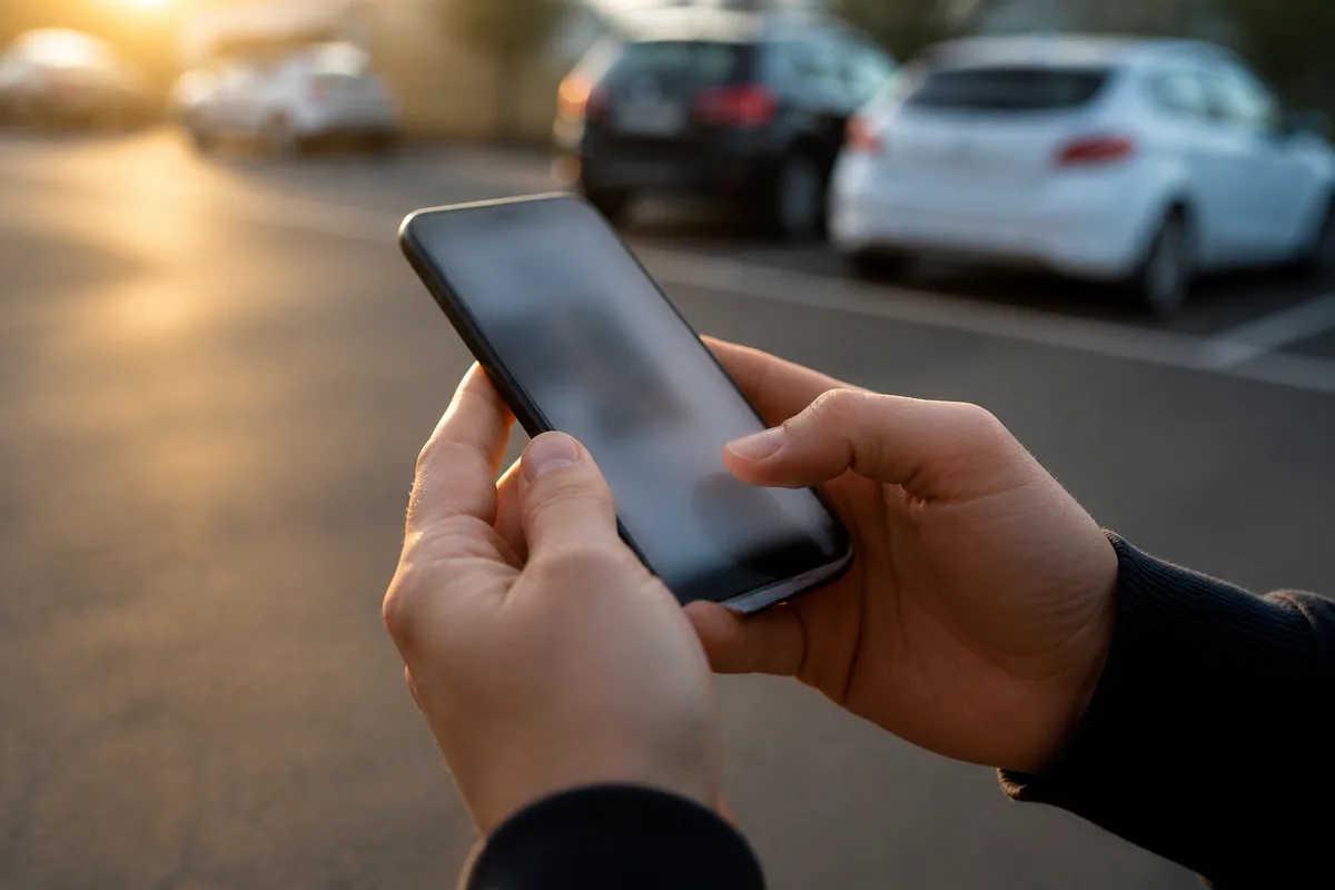 Mains tenant un téléphone sur un parking en fin de journée, voitures citadines floues à l’arrière