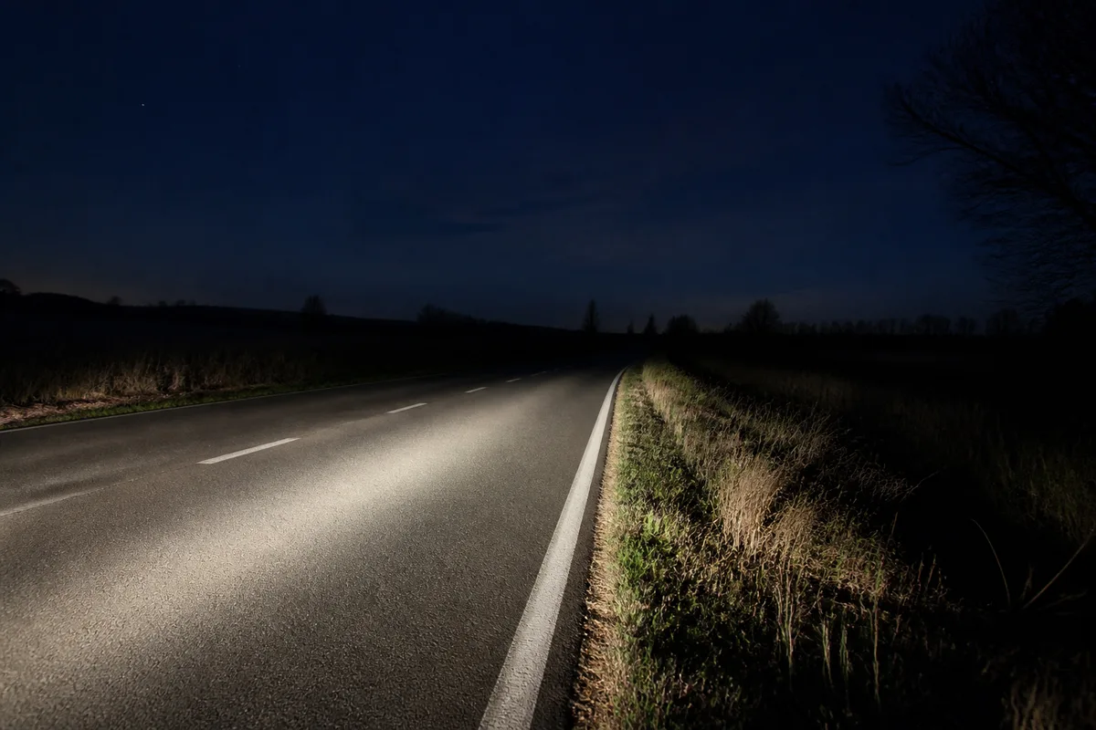 Route de campagne éclairée par les feux de croisement d&rsquo;une voiture la nuit