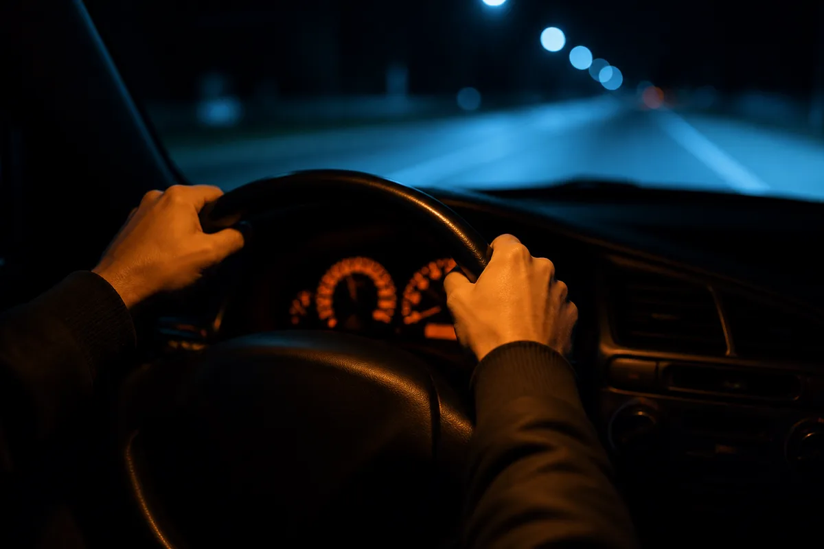 Tableau de bord faiblement éclairé et mains sur le volant pendant un trajet nocturne