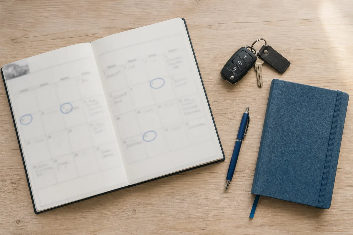 Calendrier annuel annoté et clés de voiture posés sur un bureau clair