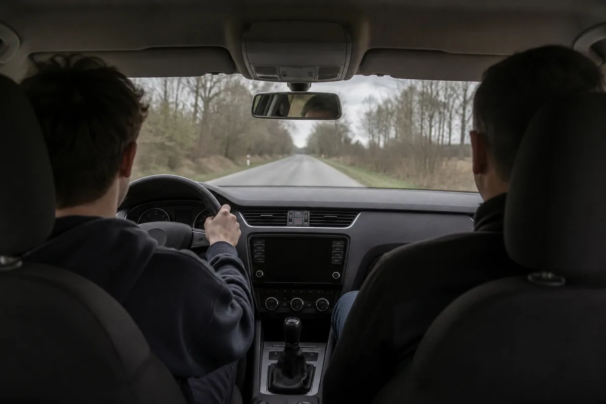 Deux personnes à bord d une voiture sur une route de campagne, vue de trois quarts arrière