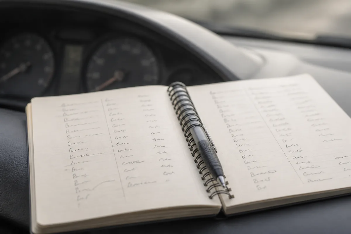 Carnet de bord ouvert avec relevé de kilomètres, posé sur un tableau de bord