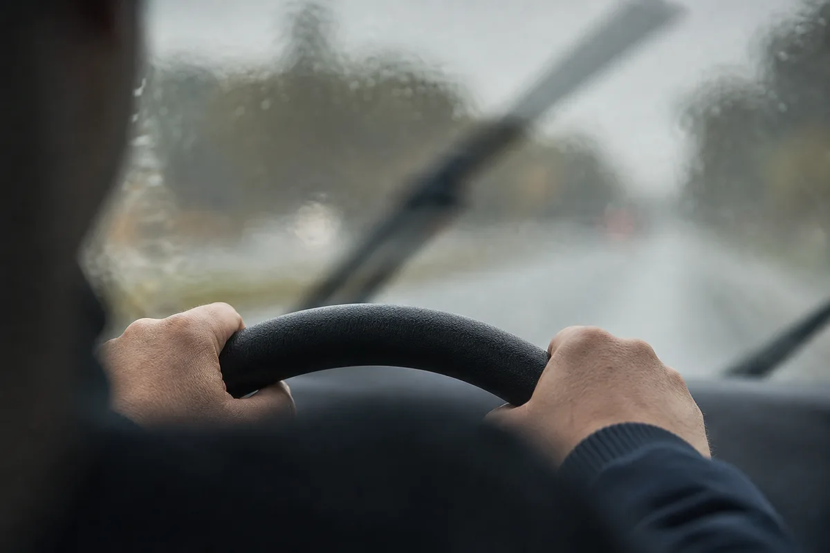 Mains d’un conducteur sur le volant, vu de dos, face à une route mouillée
