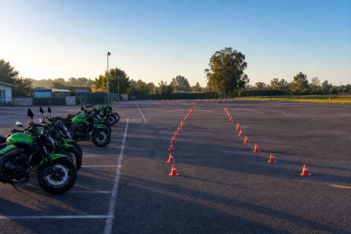 Plateau d&rsquo;exercices de moto-école avec cônes de slalom et motos alignées