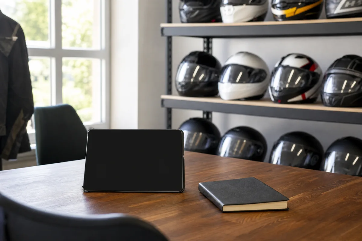 Casques et tablette de révision posés dans une salle de code moto