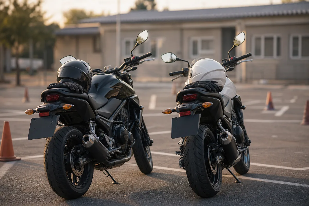 Motos-école garées sur un parking, gants et casques posés sur les selles