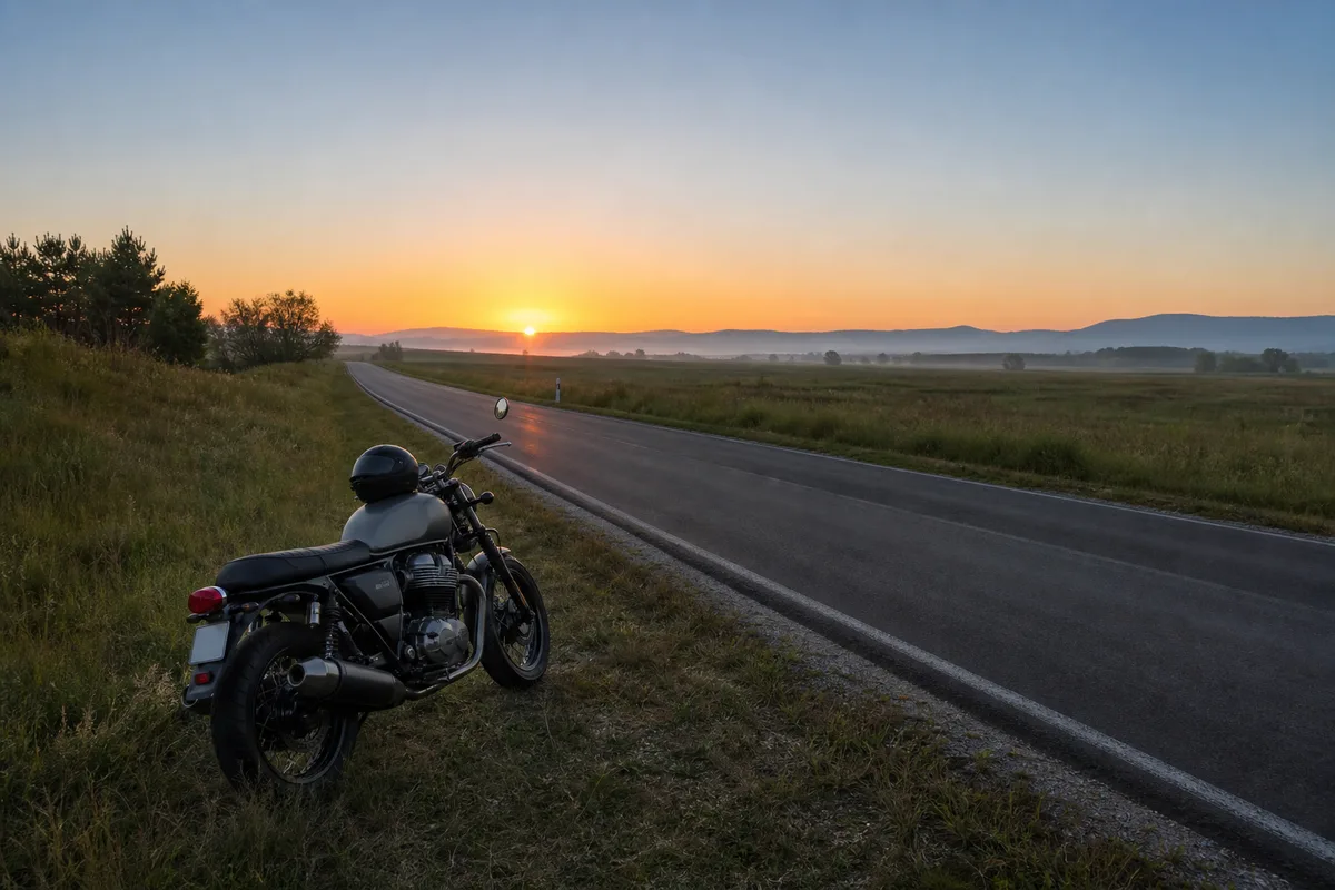 Moto garée sur une route de campagne au lever du jour, casque posé sur le réservoir