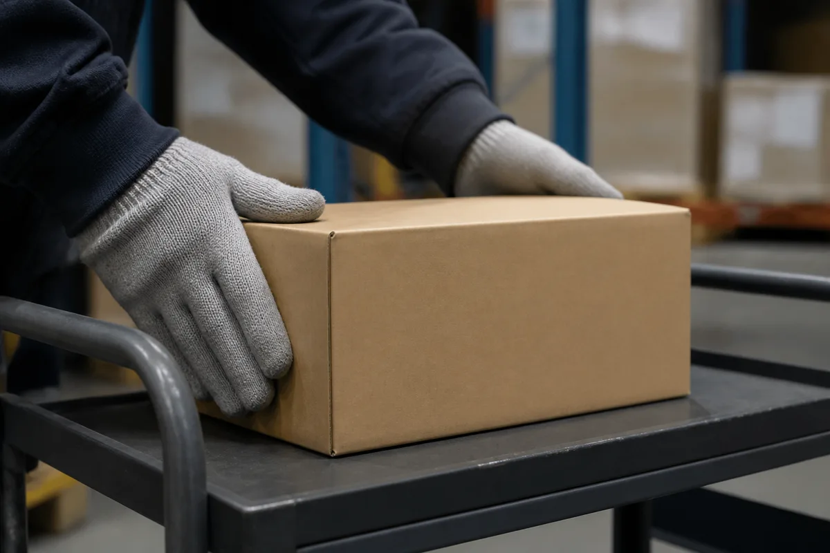 Mains gantées déposant un colis brun sur un chariot de préparation